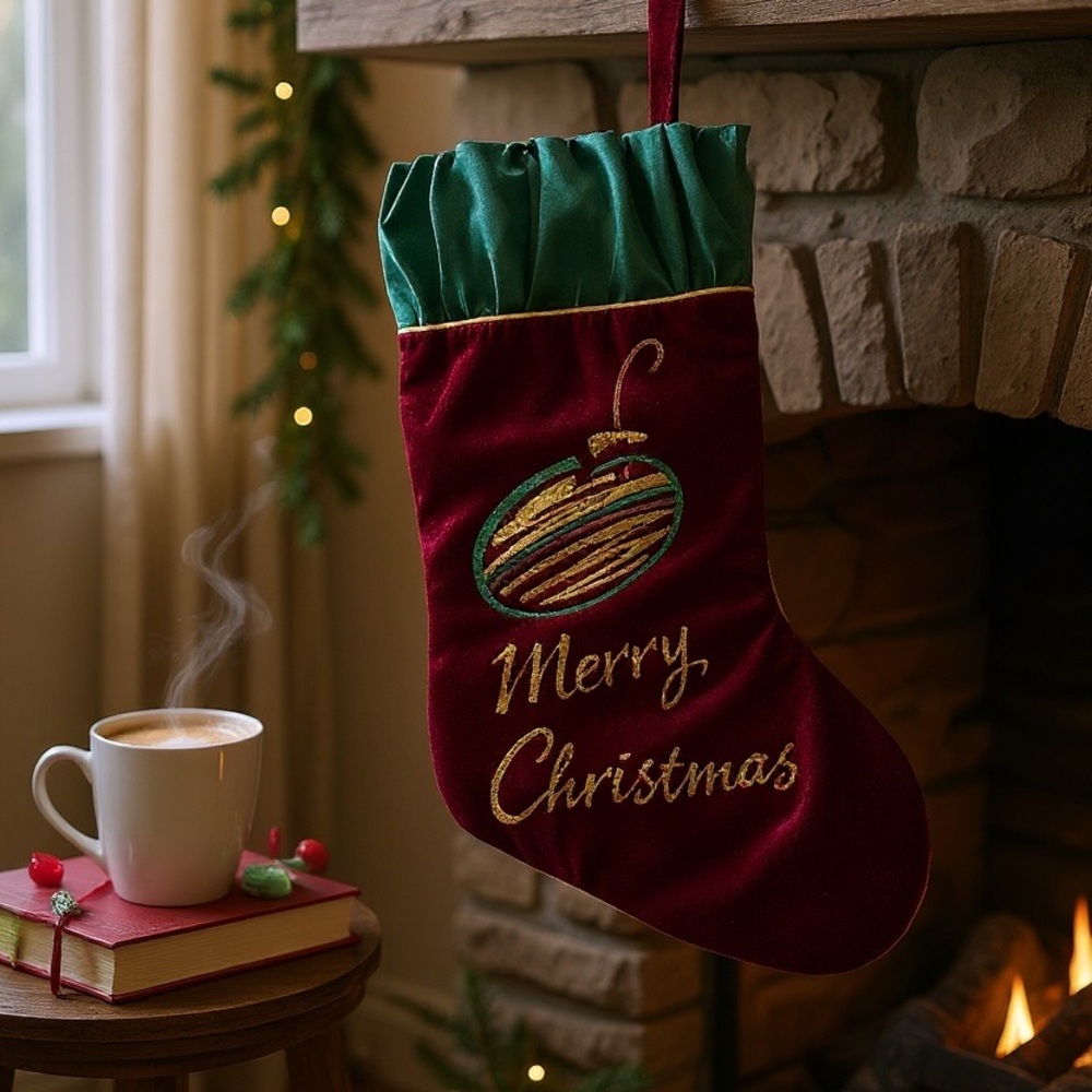 Velvet Christmas Stocking with Glitter Embellishments, Cozycore Cottagecore